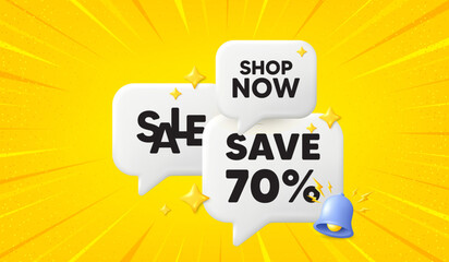 Save 70 percent off tag. 3d offer chat speech bubbles. Sale Discount offer price sign. Special offer symbol. Discount speech bubble 3d message. Talk box banner with bell. Vector