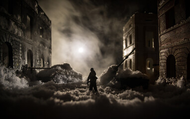Nuclear war apocalypse concept. Explosion of nuclear bomb in city. City destroyed by atomic war....
