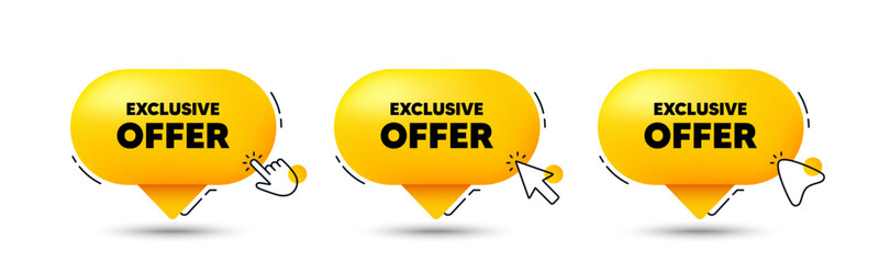Exclusive offer tag. Click here buttons. Sale price sign. Advertising discounts symbol. Exclusive offer speech bubble chat message. Talk box infographics. Vector