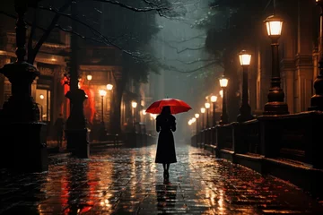 Fotobehang beautiful woman one rainy night with a red umbrella © jechm