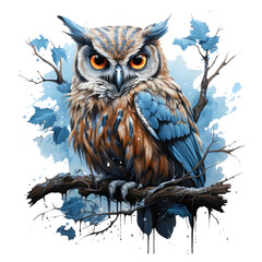 A poetic owl t-shirt design, portraying the owl as a poetic muse, perched on an ancient tree branch, Generative Ai