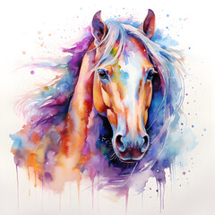 Colorful watercolor painting of a horse. A farm animal art concept. Generative ai. 