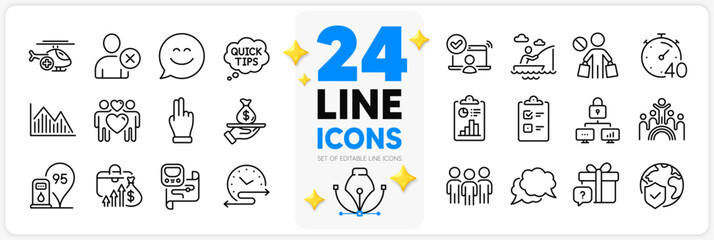 Icons set of Loan, Smile chat and Inclusion line icons pack for app with Report, Medical helicopter, Petrol station thin outline icon. Investment graph, Salary, Online access pictogram. Vector