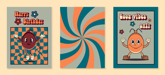 Happy birthday card. Retro 70s greeting card, groovy style. 70s background. Birthday template. Vector illustration.