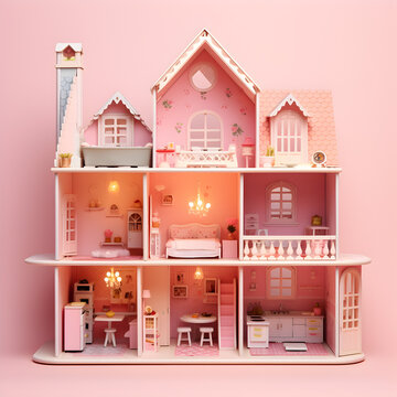 Pink dollhouse for kids with open view of each room. Children's playroom toy concept. Generative ai. 