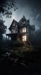 Mesmerizing haunted house engulfed in misty mo onlight 