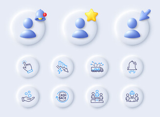 Naklejka premium Saving electricity, Donation money and Clock bell line icons. Placeholder with 3d cursor, bell, star. Pack of Truck delivery, Business podium, Cashback icon. Cursor, Engineering team pictogram. Vector