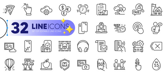 Outline set of Swipe up, Quick tips and Money currency line icons for web with Headphones, Smartphone, Binary code thin icon. Inventory checklist, Smartphone broken, Remove pictogram icon. Vector