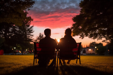 Silhouette of a loving couple sitting on a bench in the park at sunset.