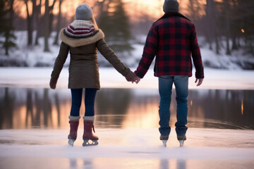 Couple in love walking in the winter park on a snowy day.