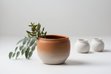 Interior pottery. White Background, Handcrafted Clay Pot. Idea for a basic interior design. Generative AI
