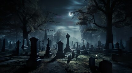 Moonlight cemetery with tombstones