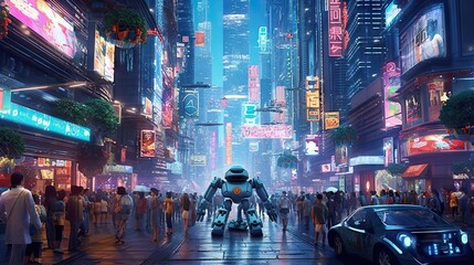 a futuristic city with people walking on the street and cars parked in front of tall buildings at night, 3d illustration