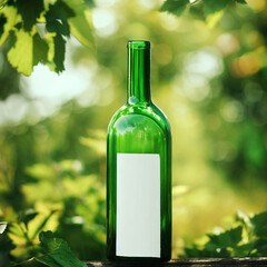 Garrafa de vinho de vidro verde com rotulo branco em um vinhedo