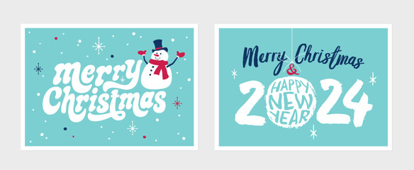 Set of two vintage style holiday greeting cards - Merry Christmas and Happy new year 2024 - Vector EPS10