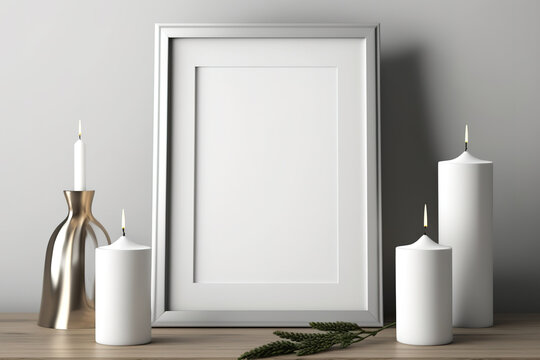 Three candles and a white frame sit on a hardwood table with copy space. Generative AI