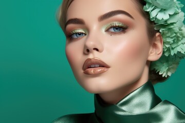 Fashionable Beautiful young girl with flowers and artistic makeup on a green background. A new brand of cosmetics and facial skin care with natural ingredients and a complex of herbs