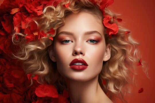 Attractive blonde girl with beautiful curly hair and  red flowers. Beautiful white girl with make-up. Pretty woman with bright makeup. Art portrait on peach background 