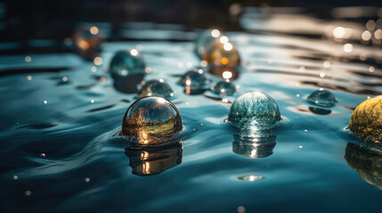 Transparent spheres on the water surface.