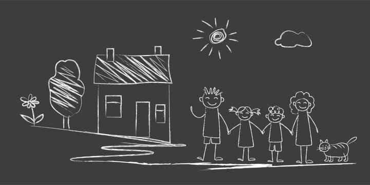 House, Sun, girl, tree, flower - doodle drawings are drawn by child's hand in chalk on the asphalt or on the school blackboard. White lines on black background
