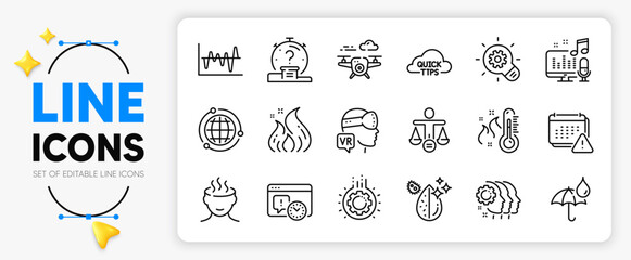 Obraz premium Quick tips, Globe and Waterproof umbrella line icons set for app include Drone, Quiz, Ethics outline thin icon. Cogwheel, Gear, Employees teamwork pictogram icon. Dirty water. Vector