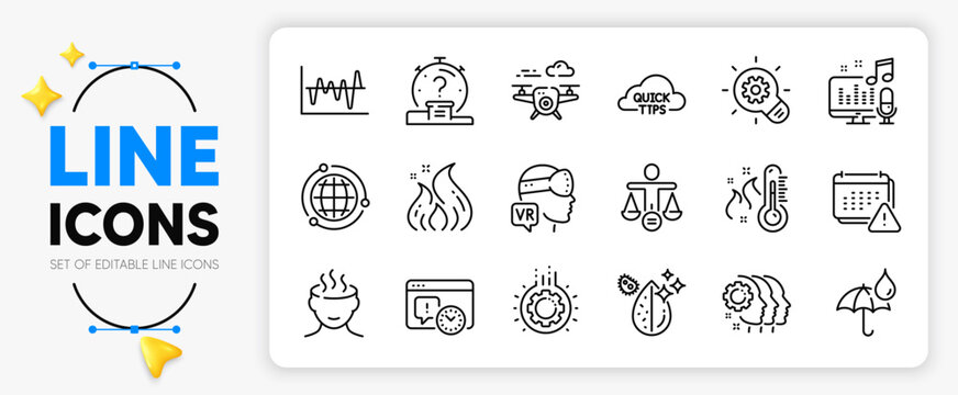 Quick tips, Globe and Waterproof umbrella line icons set for app include Drone, Quiz, Ethics outline thin icon. Cogwheel, Gear, Employees teamwork pictogram icon. Dirty water. Vector