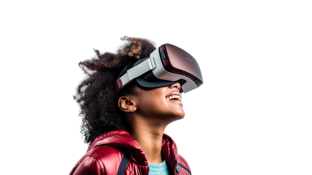 a 20-something african american woman using a vr virtual reality headset isolated on a transparent background, generative ai