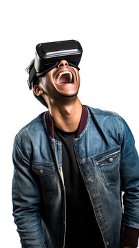 a 20-something indian man using a vr virtual reality headset isolated on a transparent background, generative ai