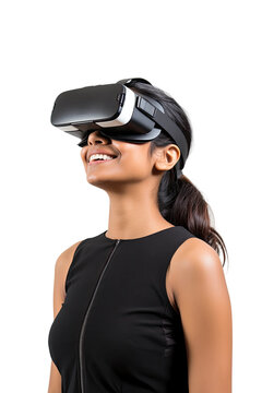 a 20-something indian woman using a vr virtual reality headset isolated on a transparent background, generative ai