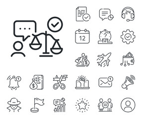 Court judge sign. Salaryman, gender equality and alert bell outline icons. Lawyer line icon. Justice scale symbol. Lawyer line sign. Spy or profile placeholder icon. Online support, strike. Vector