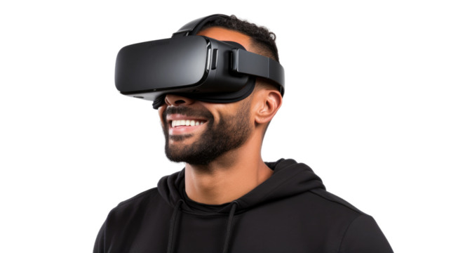 a 30-something caucasian man using a vr virtual reality headset isolated on a transparent background, generative ai