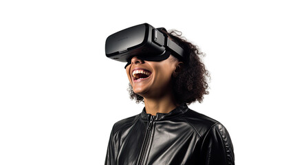 a 30-something hispanic woman using a vr virtual reality headset isolated on a transparent background, generative ai