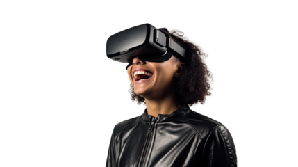 a 30-something hispanic woman using a vr virtual reality headset isolated on a transparent background, generative ai