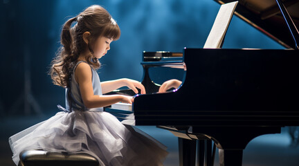 ピアノの発表会でグランドピアノを弾くドレスを着た少女 - obrazy, fototapety, plakaty