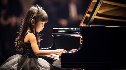 ピアノの発表会でグランドピアノを弾くドレスを着た少女 - obrazy, fototapety, plakaty