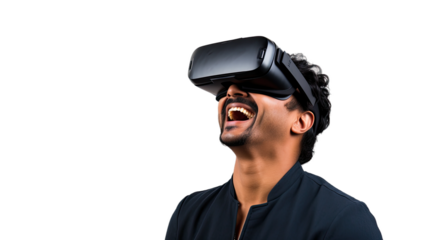 a 30-something indian man using a vr virtual reality headset isolated on a transparent background, generative ai