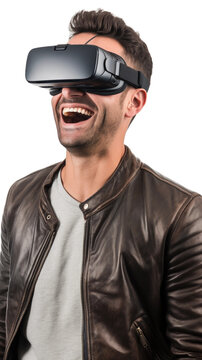 a 30-something caucasian man using a vr virtual reality headset isolated on a transparent background, generative ai