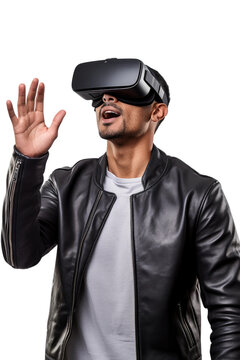 a 30-something hispanic man using a vr virtual reality headset isolated on a transparent background, generative ai