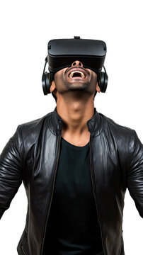 a 30-something indian man using a vr virtual reality headset isolated on a transparent background, generative ai