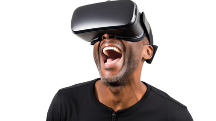 a 40-something african american man using a vr virtual reality headset isolated on a transparent background, generative ai