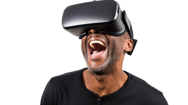 a 40-something african american man using a vr virtual reality headset isolated on a transparent background, generative ai