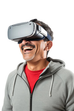 a 40-something hispanic man using a vr virtual reality headset isolated on a transparent background, generative ai