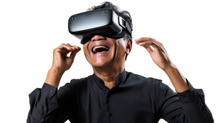 a middle aged asian man using a vr virtual reality headset isolated on a transparent background, generative ai