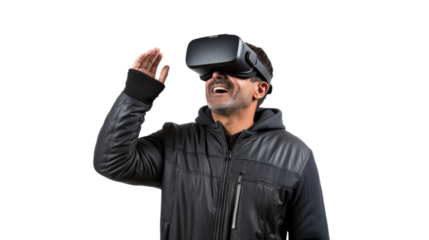 a middle aged caucasian man using a vr virtual reality headset isolated on a transparent background, generative ai