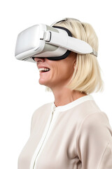 a middle aged caucasian woman using a vr virtual reality headset isolated on a transparent background, generative ai