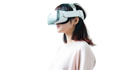 a teenage asian girl using a vr virtual reality headset isolated on a transparent background, generative ai