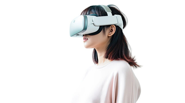 a teenage asian girl using a vr virtual reality headset isolated on a transparent background, generative ai