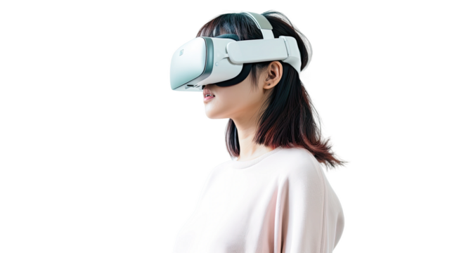 a teenage asian girl using a vr virtual reality headset isolated on a transparent background, generative ai