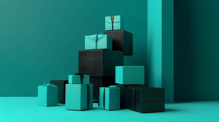 Blank turquoise paper gift box package design with ribbon, background birthday surprise shopping