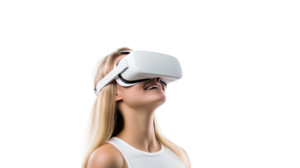 a teenage caucasian girl using a vr virtual reality headset isolated on a transparent background, generative ai